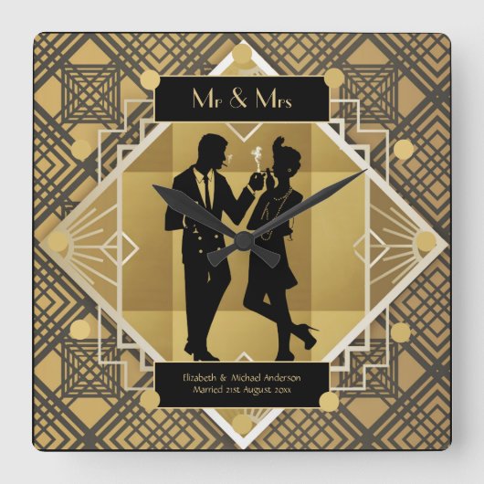 Art Deco Passen getrouwd 1920s Couple Black Gold C Vierkante Klok (Voorkant)