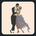 Art Deco-Passen getrouwd, Bride en Groom Dance Vierkante Sticker<br><div class="desc">Origineel ontwerp Oui van kunstenaar George Barbier, 1921. De huidtinten van het stel zijn veranderd om een speciaal verzoek aan te passen. illustratie liefde en romance kunst deco afbeelding met een man en een vrouw gekleed in een formele ballroom dansend in het moonlight; ze is in een elegante trouwjurk die...</div>
