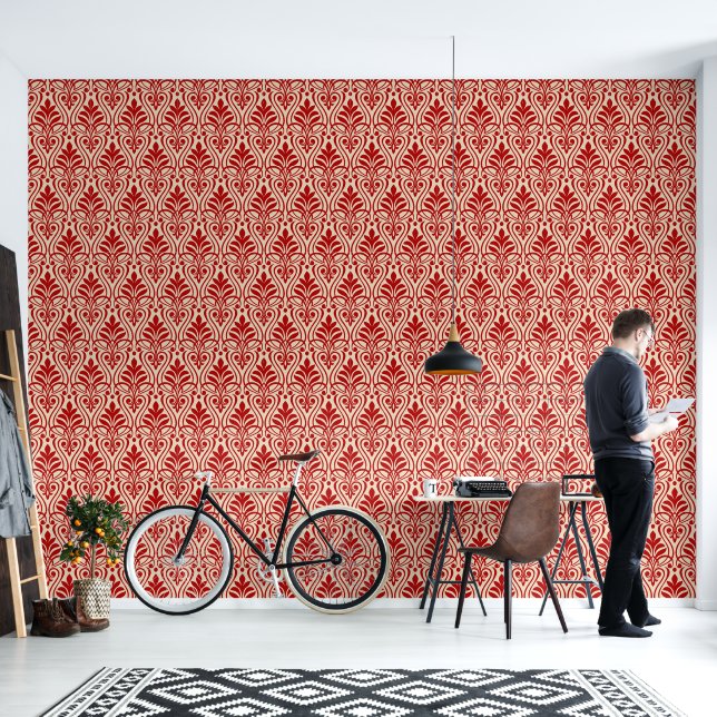 Art Deco Patroon 01 - Escher Rood op Gebroken Wit Behang (Woonkamer)