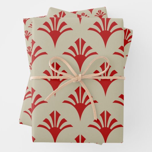 Art Deco Patroon 02 - Escher Rood op Gebroken Wit Inpakpapier Vel (In situ)