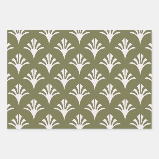 Art Deco Patroon 02 - Wit op Camouflage Groen Inpakpapier Vel (Voorkant)