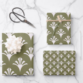 Art Deco Patroon 02 - Wit op Camouflage Groen Inpakpapier Vel