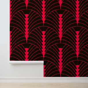 Art Deco Patroon 03 - Carmine Rood op Zwart Behang