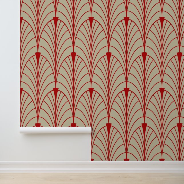 Art Deco Patroon 04 - Escher Rood op Gebroken Wit Behang (Applicatie)