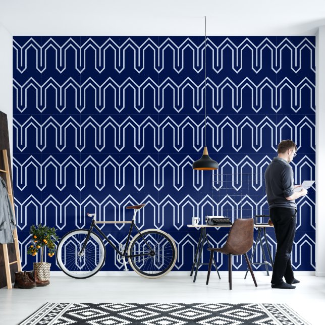 Art Deco Patroon 05 - Lavendel Blauw op Donkerblau Behang (Woonkamer)