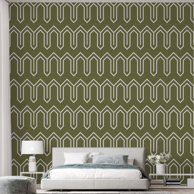 Art Deco Patroon 05 - Wit op Camouflage Groen Behang (Slaapkamer)