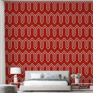 Art Deco Patroon 05 - Wit op Perzisch Rood Behang