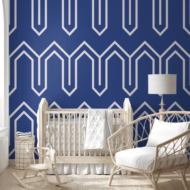 Art Deco Patroon 05 - Wit op Pruisisch Blauw Behang (Kinderen)
