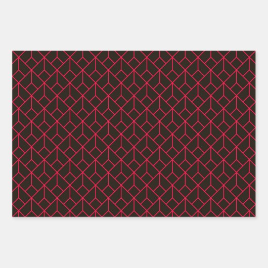 Art Deco Patroon 12 - Carmine Rood op Zwart Inpakpapier Vel (Voorkant)