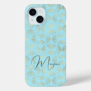 Art Deco Patroon, Goud & Bord Blauw, Script Naam iPhone 15 Case