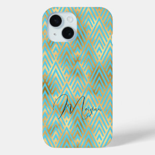 Art Deco Patroon, Goud & Lichtblauw, Script Naam iPhone 15 Case