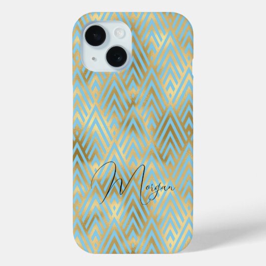 Art Deco Patroon, Goud & Lichtblauw, Script Naam Case-Mate iPhone Case (Achterkant)