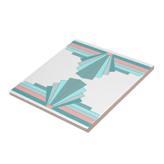 Art Deco Patroon in Blauwgroen & Perzik Tegeltje (Zijkant)