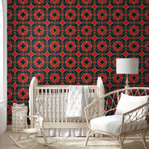 Art Deco patroon in rood en zwart Behang