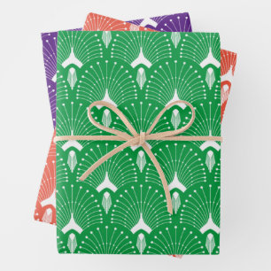 Art Deco Patroon op sinaasappel, groen en paarse Inpakpapier Vel