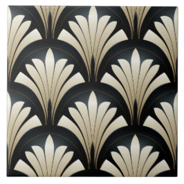 Art Deco Patroon, zwart en beige bladeren Tegeltje