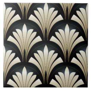 Art Deco Patroon, zwart en beige bladeren Tegeltje