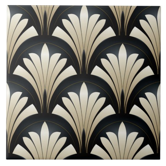 Art Deco Patroon, zwart en beige bladeren Tegeltje (Voorkant)