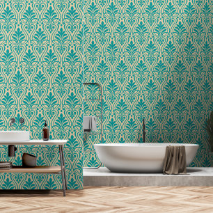 Art Deco Pattern 01 - Blauwgroen op Gebroken Wit Behang