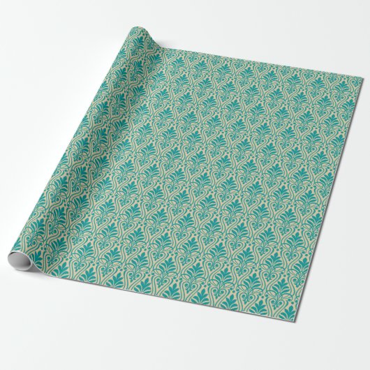 Art Deco Pattern 01 - Blauwgroen op Gebroken Wit Cadeaupapier (Uitgerold)