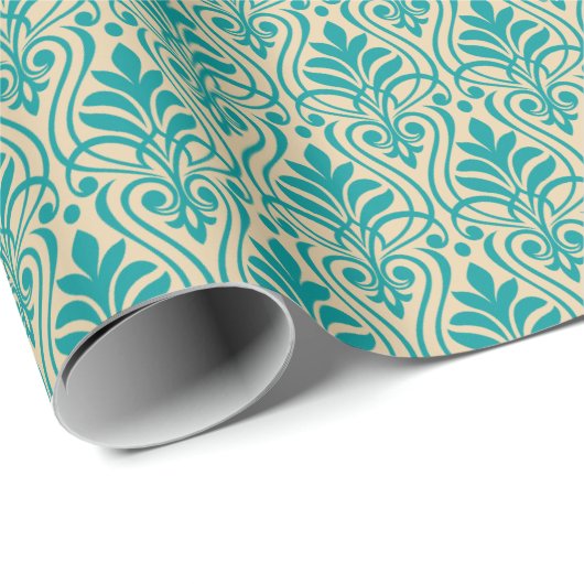 Art Deco Pattern 01 - Blauwgroen op Gebroken Wit Cadeaupapier (Rol Hoek)