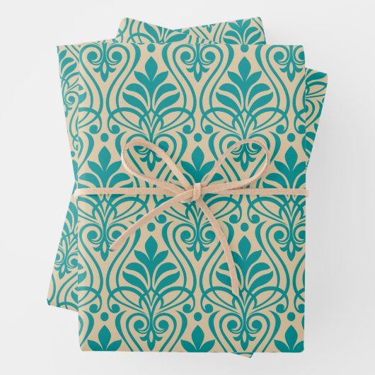 Art Deco Pattern 01 - Blauwgroen op Gebroken Wit Inpakpapier Vel (In situ)