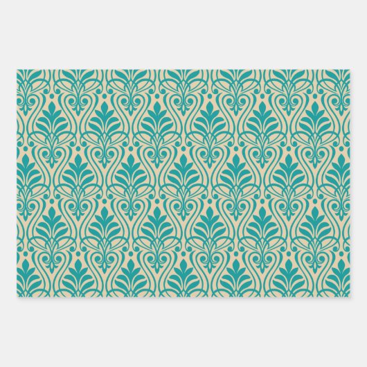 Art Deco Pattern 01 - Blauwgroen op Gebroken Wit Inpakpapier Vel (Voorkant)