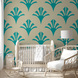 Art Deco Pattern 02 - Blauwgroen op Gebroken Wit Behang