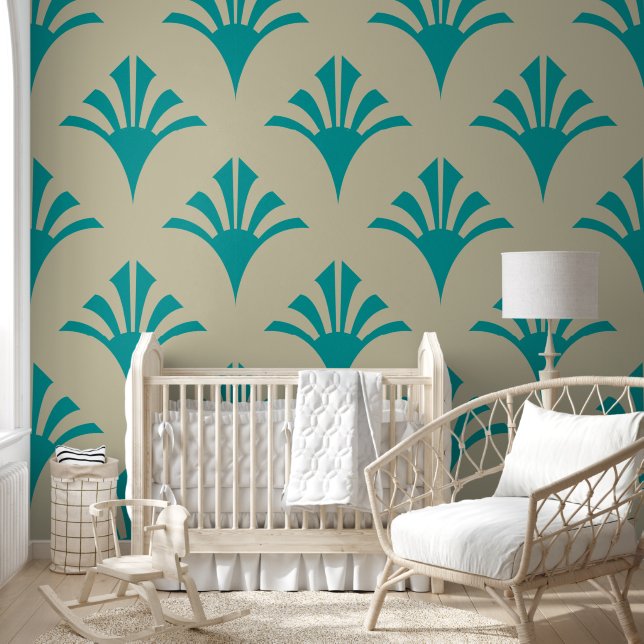 Art Deco Pattern 02 - Blauwgroen op Gebroken Wit Behang (Kinderen)