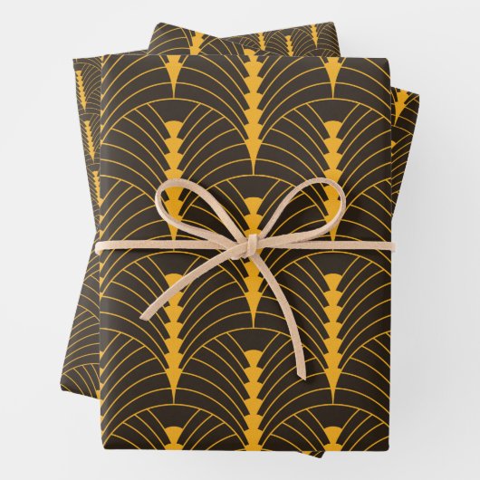 Art Deco Pattern 03 - Levendige Gamboge op Deco Zw Inpakpapier Vel (In situ)