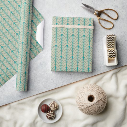 Art Deco Pattern 04 - Blauwgroen op Gebroken Wit Cadeaupapier (Crafts)