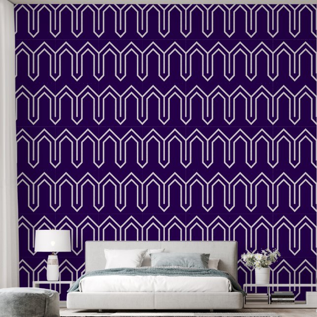 Art Deco Pattern 05 - Wit op Cadbury Paarse Behang (Slaapkamer)