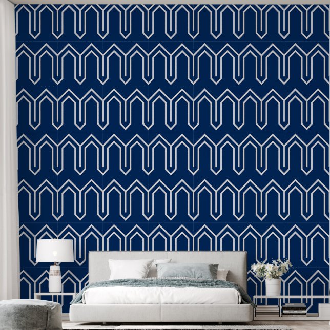 Art Deco Pattern 05 - Wit op Dark Azure Behang (Slaapkamer)