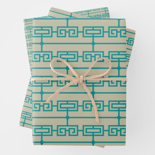 Art Deco Pattern 09 - Blauwgroen op Gebroken Wit Inpakpapier Vel (In situ)