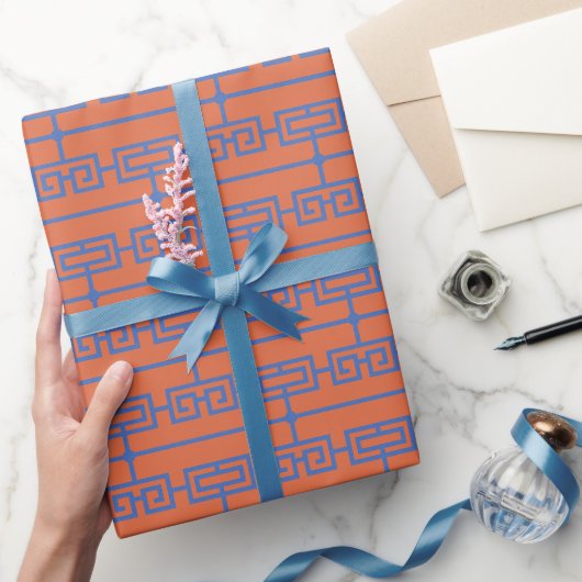 Art Deco Pattern 09 - Pruisisch Blauw op Sinaasapp Cadeaupapier (Geschenken)
