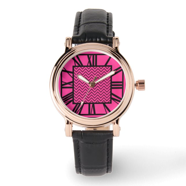 Art Deco Pattern, fuchsia roze Horloge (Voorkant)