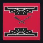 Art Deco Pattern in Red, Black and White Square Wa Vierkante Klok<br><div class="desc">Gebaseerd op klassieke kunstdecovormen zal dit patroon in rood het decor van dat tijdperk aanvullen</div>