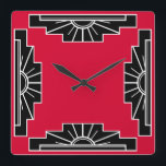 Art Deco Pattern in Red Vierkante Klok<br><div class="desc">Gebaseerd op klassieke deco-vormen van een sunburst,  herkend in rood en zwart</div>