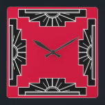 Art Deco Pattern in Red Vierkante Klok<br><div class="desc">Gebaseerd op klassieke deco-vormen van een sunburst,  herkend in rood en zwart</div>