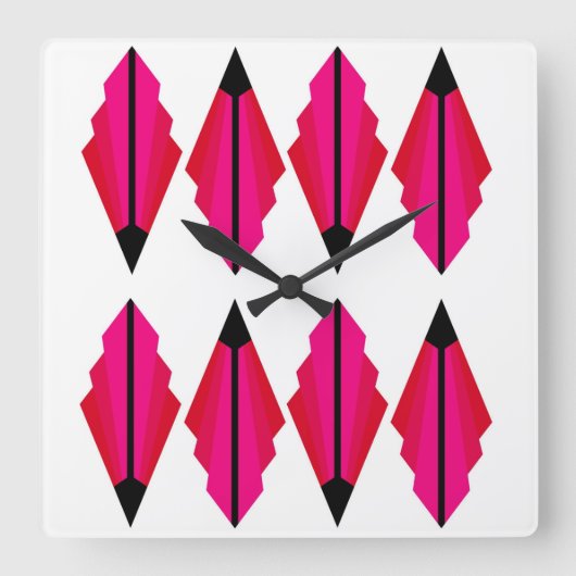 Art Deco Pattern in Reds and Pinks Square Wall Clo Vierkante Klok (Voorkant)