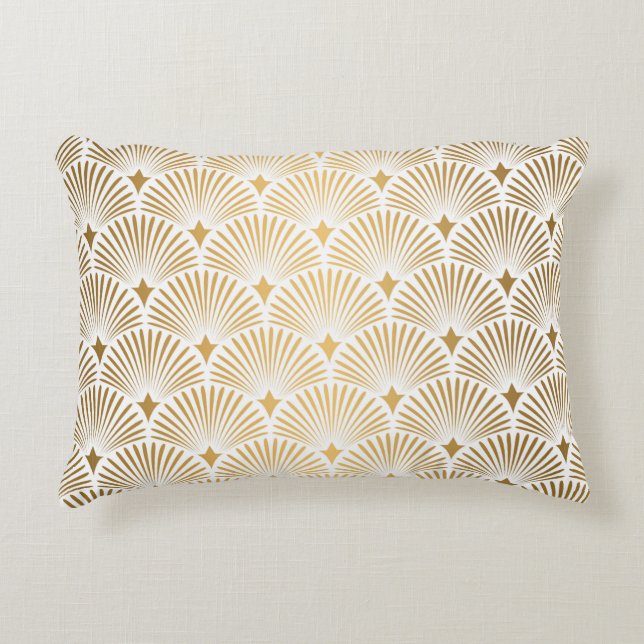 Art Deco Pattern Naadloze witte en gouden ruggengr Accent Kussen (Voorkant)
