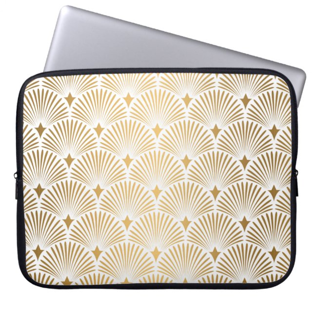Art Deco Pattern Naadloze witte en gouden ruggengr Laptop Sleeve (Voorkant)