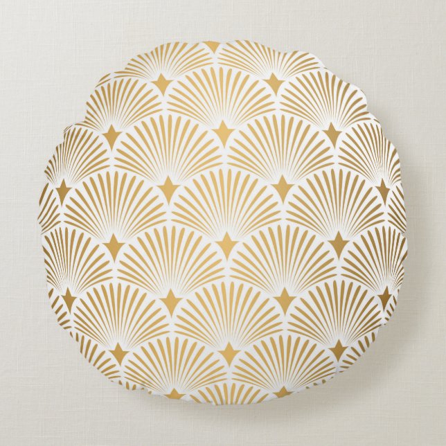 Art Deco Pattern Naadloze witte en gouden ruggengr Rond Kussen (Voorkant)