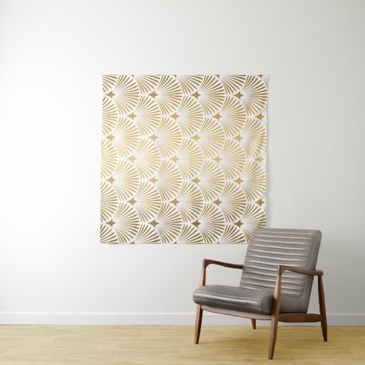 Art Deco Pattern Naadloze witte en gouden ruggengr Wandkleed (In Situ (horizontaal))