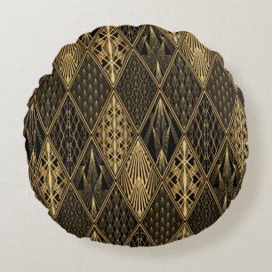 Art Deco Pattern Naadloze zwarte en gouden ruggeng Rond Kussen