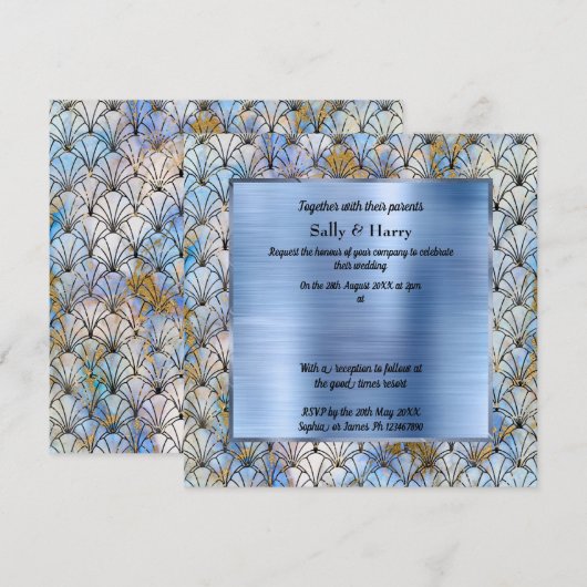 ART DECO PATTERNED BLUE WEDDING INVITATION KAART (Voorkant / Achterkant)