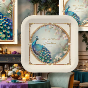 Art Deco Pauw Elegante Bloemboom Huwelijk Papieren Bordje