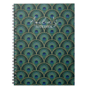 Art Deco Pauw-en-Verenpatroon in Turkoois en Goud Notitieboek