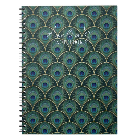 Art Deco Pauw-en-Verenpatroon in Turkoois en Goud Notitieboek (Voorkant)