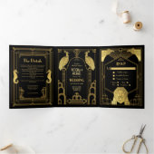 Art Deco Pauw Leeuw Zeepaardje Foto Bruiloft Drieluik Uitnodiging (Binnen)